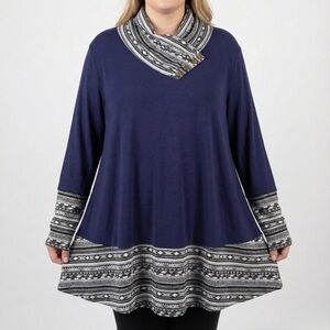 Miusey Navy Blue Aztec Cowl Neck Tunic Top Button Accent Geometric Knit Size L
